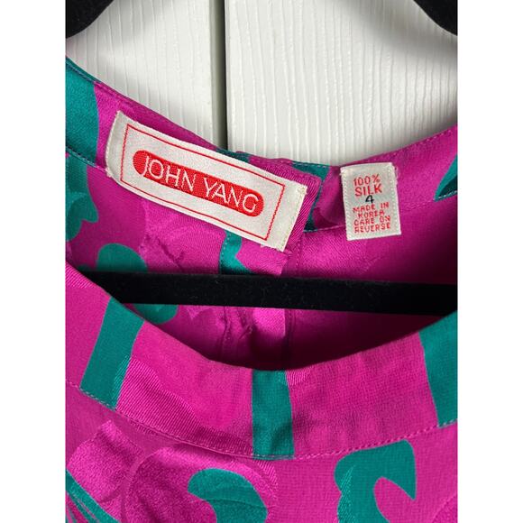 Vintage 80s John Yang Pink Silk Satin Floral Long Sleeve Shift Mini Dress Size 4 - Picture 3 of 7